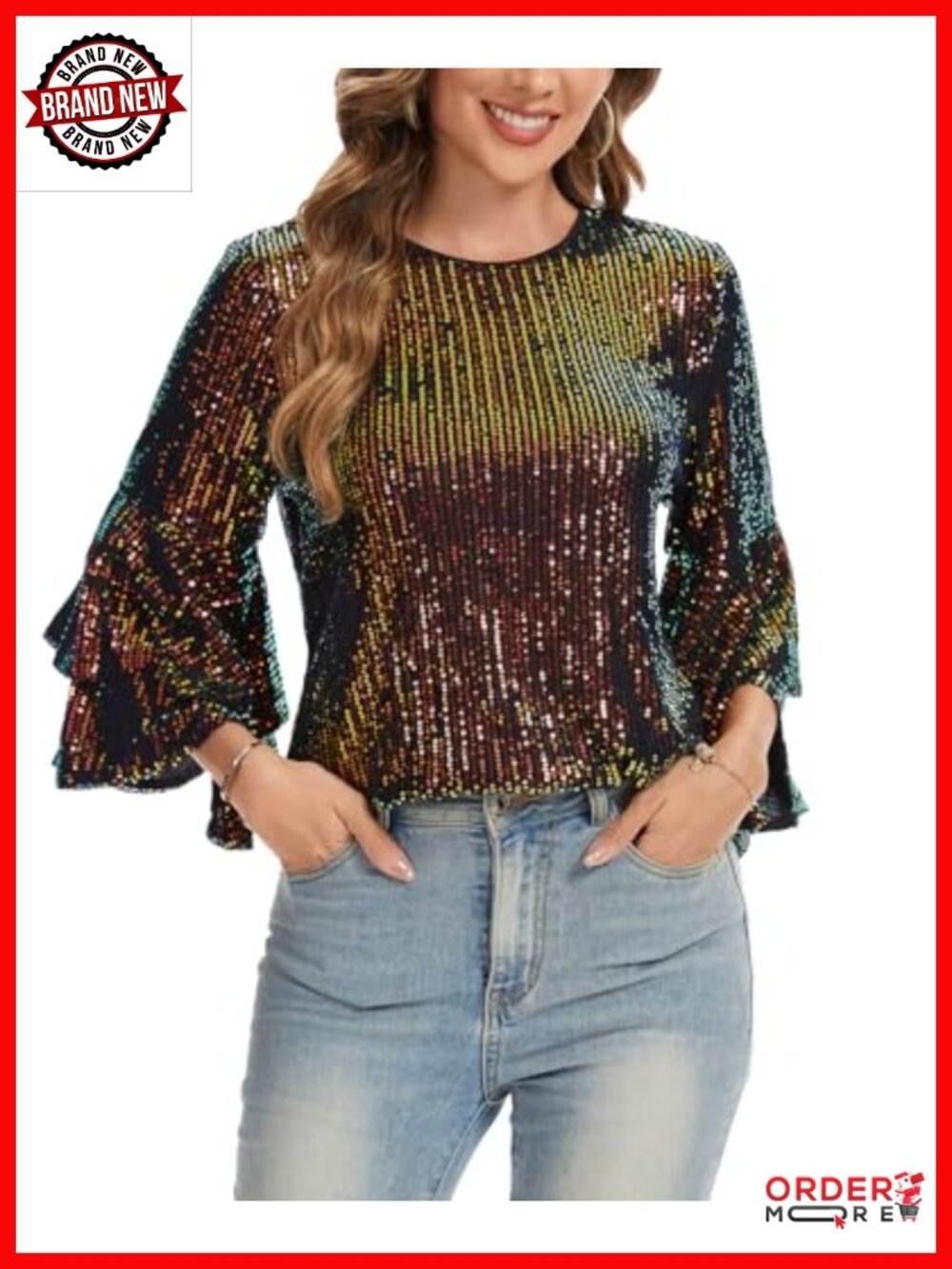 Full Sequin Tunic Tops for Women Glitter Party Blouse 3/4 Sleeve Sparkle